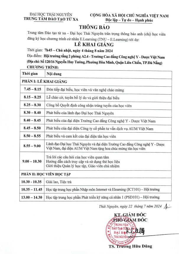 THÔNG BÁO: LỄ KHAI GIẢNG chương trình cử nhân E.Learning (TNU – E.Learning)