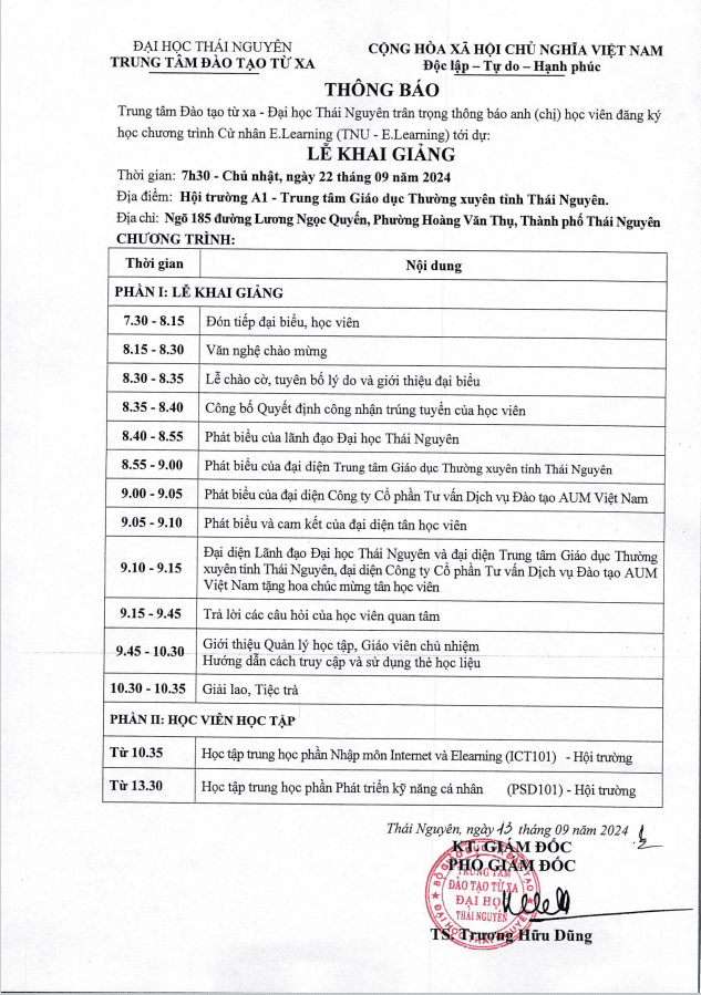 THÔNG BÁO: LỄ KHAI GIẢNG chương trình cử nhân E.Learning (TNU – E.Learning)