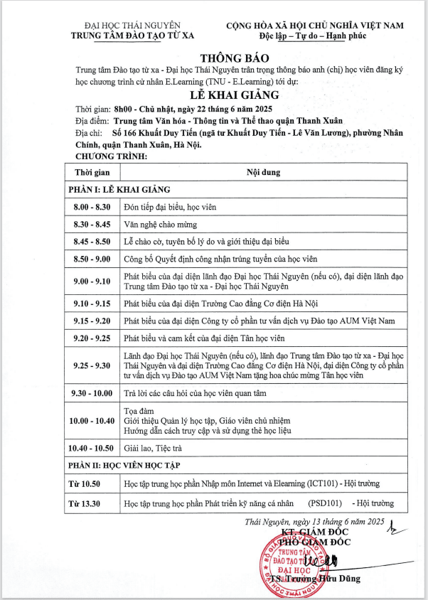 THÔNG BÁO: LỄ KHAI GIẢNG chương trình cử nhân E.Learning (TNU – E.Learning) tại Hà Nội ngày 22/6