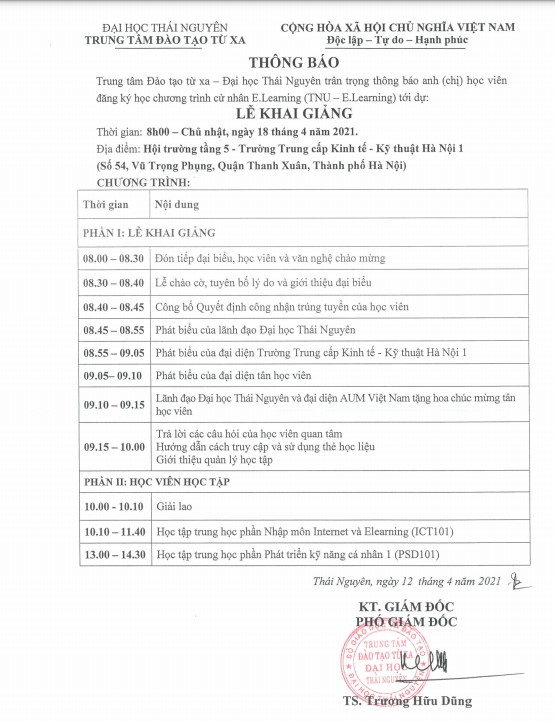Thông báo Lễ Khai Giảng Trung tâm Đào tạo từ xa - Đại học Thái Nguyên tại Hà Nội Ngày 18/04/2021