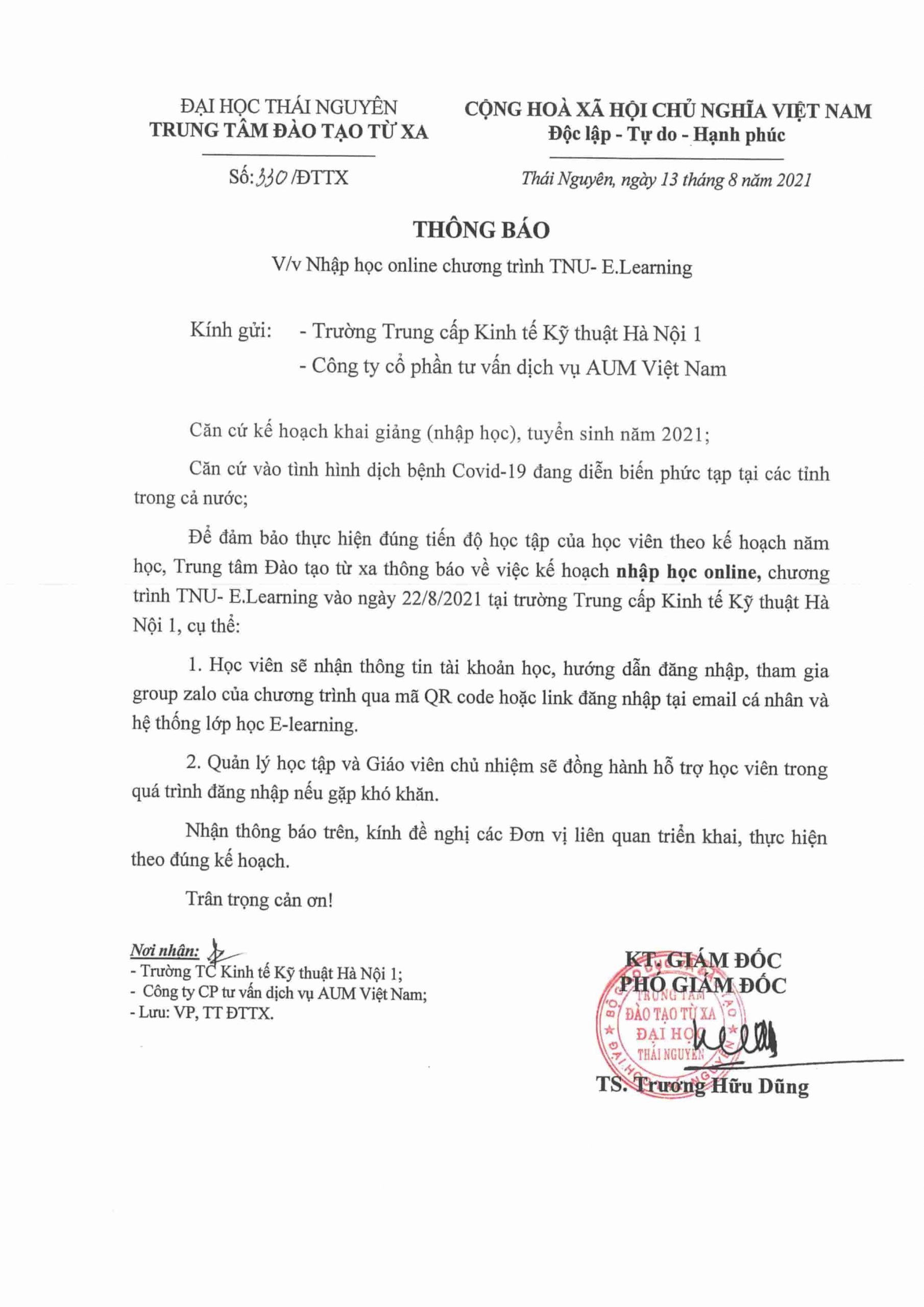 TB Nhập học Online chương trình TNU-Elearning