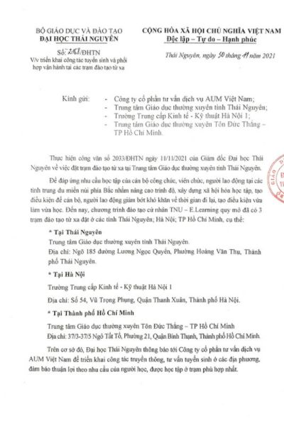 Thông báo công tác tuyển sinh và phối hợp vận hành các trạm đào tạo từ xa