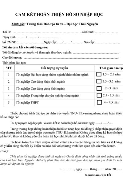 Cam kết hoàn thiện hồ sơ nhập học