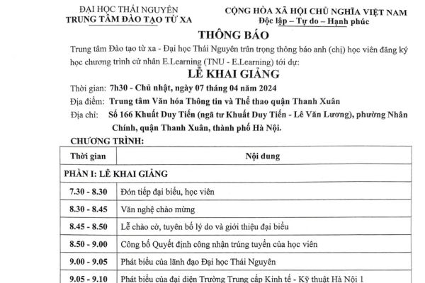 Lịch khai giảng