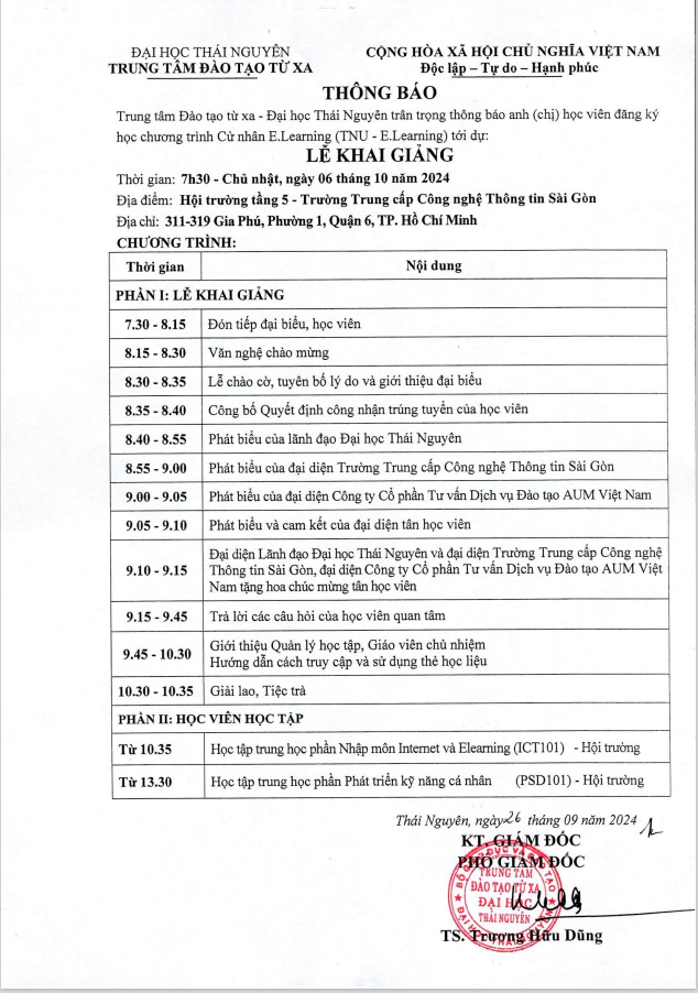 Lịch khai giảng