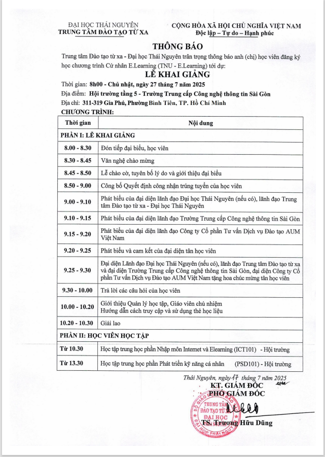 Thông báo lịch khai giảng